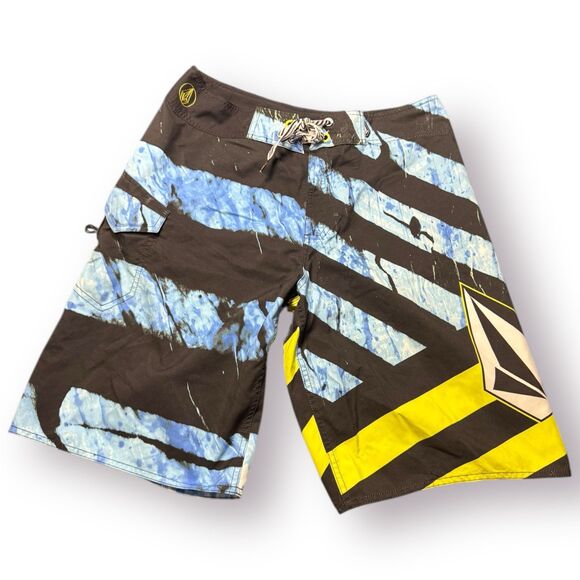 Volcom Black Blue Striped Board Shorts Size 32" Swim Trunks Retro Abstract Y2K - Picture 1 of 4